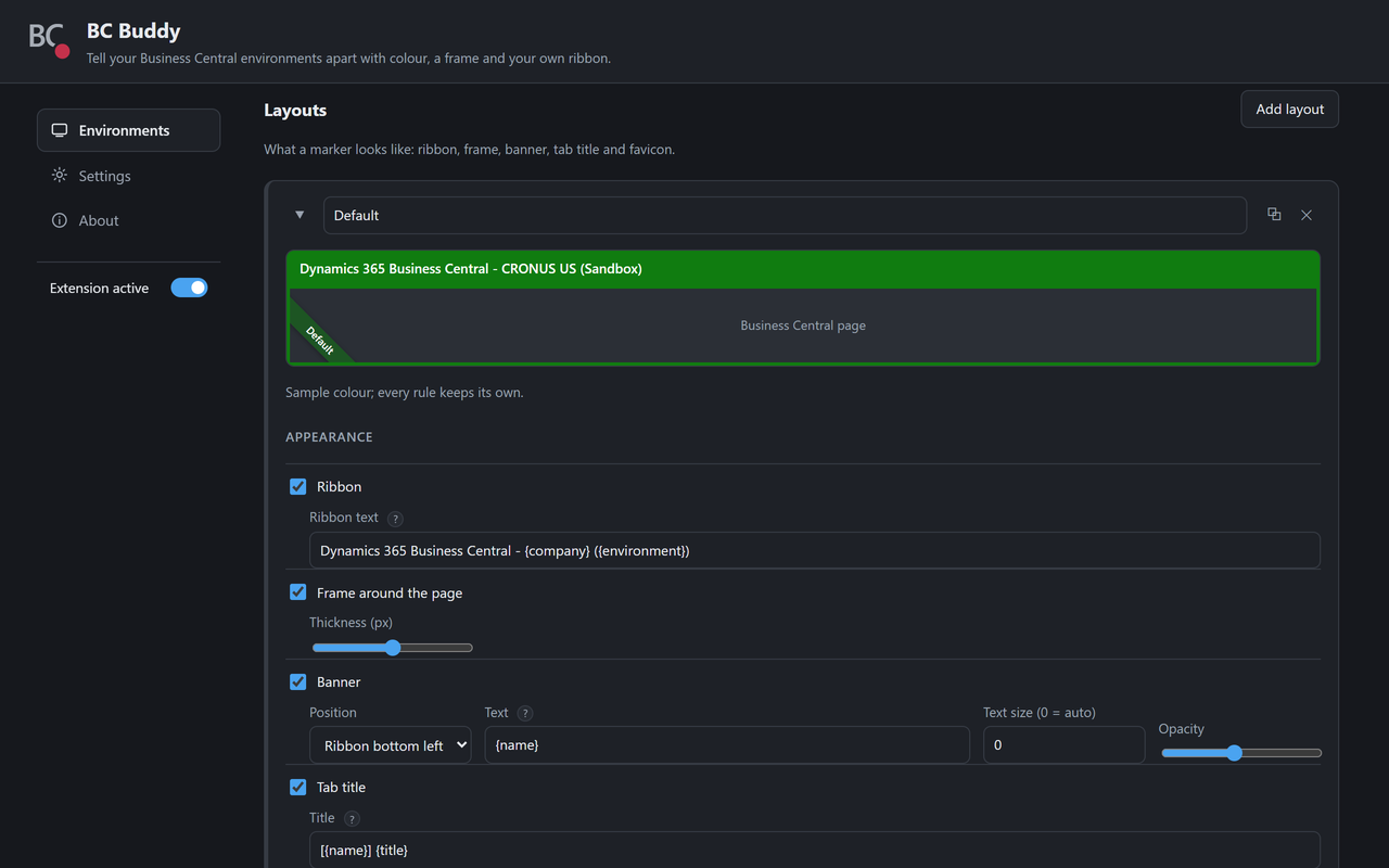The Default layout in the options page, with a live preview at the top and checkboxes below for ribbon, frame thickness, banner position, text and opacity, and tab title