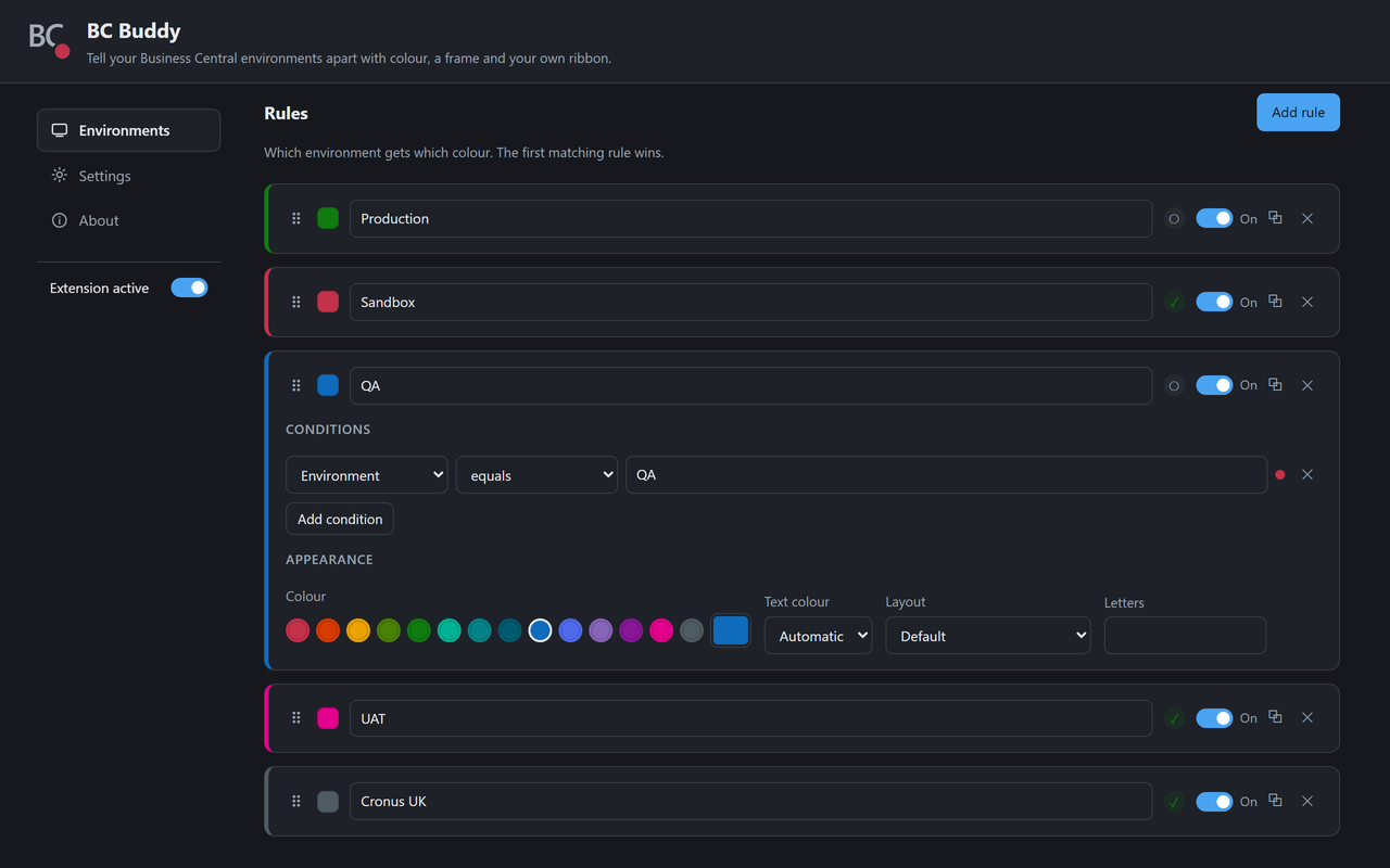 The Rules list with rules for Production, Sandbox, QA, UAT and Cronus UK. The QA rule is expanded, showing its condition environment equals QA, the colour palette, text colour, layout and favicon letters