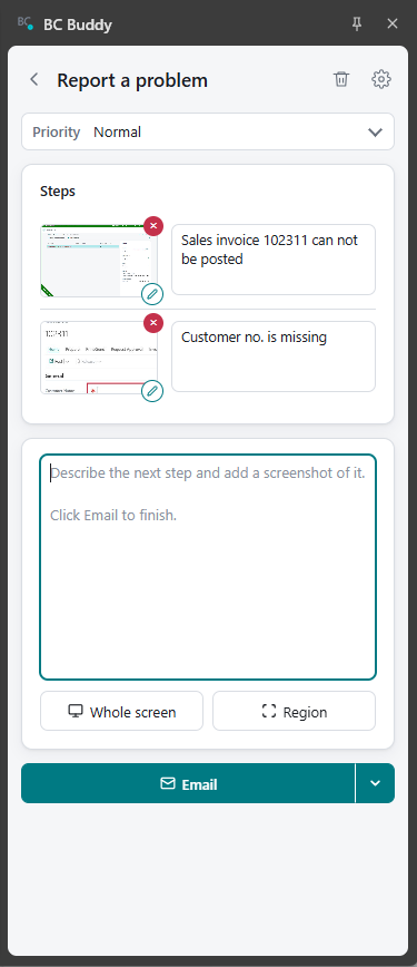 The Report a problem panel with a priority, two steps with their text and screenshots, and the Email button